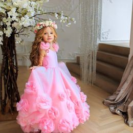 Cute Pink Flower Girls Dresses For Wedding Hand Made Floral Children Kids Party Communion Birthday Gowns