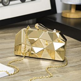 Geometric Small Cross Body PU Purse For Women Fashion Clutch Evening Bags Silver Golden Wedding Handbag With Long Metallic Chain229L