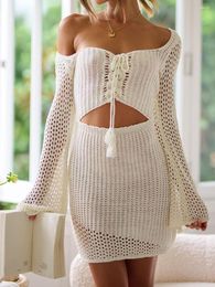 Casual Dresses Women Knit Bodycon Dress Long Sleeve Low-cut Tie-up Hollowed Solid Slim Fit Short Mini Streetwear