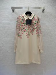 Autumn Blue / Beige Floral Print Panelled Dress Long Sleeve Lapel Neck Knee-Length Casual Dresses B3G082339