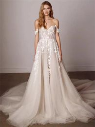 Flower Lace A-Line Wedding Dresses Trail Off Shoulder Bra Light Luxury 3D Dress HS5007