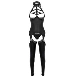 3Pcs Women Open Crotch Lingerie Set Halter Neck Bust Bra Crotchless Patent Leather Erotic Sexy Suit Cosplay Bodysuit Outfit Bras S200V