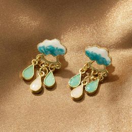 Stud Earrings Fashion Cute Cloud Blue Rain Drop Dangle For Women Sweet White Glaze Korean Long Chain Tassel Earring Party Jewelry