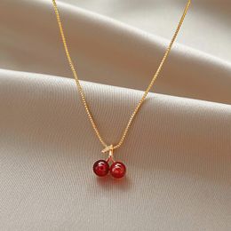 New Wine Red Cherry Gold Colour Pendant Necklace For Women Personality Fashion Chain Necklace Wedding Jewelry Birthday Gifts Wholesale YMN031