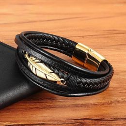 Link Bracelets Hand Woven Multi-layer Leather Gold Plated Feather Accessories Men's Bracelet Stainless Steel Birthday Gift