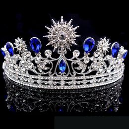 Retro Königsblaue Hochzeitskrone Tiara Kopfschmuck für Abschlussball Quinceanera Party Tragen Kristall Perlen Hochsteckfrisur Halbhaarschmuck Braut Jewe281s