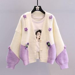 Women's Knits Japan Style Three-dimensional Knit Cardigans Beading Embroidered Flower Pearls Sweet Sweaters Women V Neck Patchwork Vintage