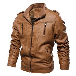 QNPQYX Neue Vintage PU Leder Jacke Männer Einfarbig Zipper Tasche Fleece Motorrad Jacken Winter Warme Dünne Mantel Plus Größe 4XL Chaquetas