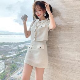 Work Dresses Women Two Pieces Sets Summer Lapel Single-Breasted Short Top High Waist A-Line Thin Skirt Suits Female Amoi