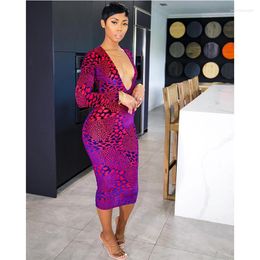 Casual Dresses Women Deep V Neck Bodycon Dress Full Sleeve Print Party Club Midi Vestido Femme 2023