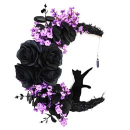 Other Event Party Supplies Halloween Moon Cat Flower Wreath Door Hanging Decorations Simulate Black Rose Rattan Circle Atmosphere Decorations Garland 230904