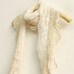 Scarves Elegant Women Long Scarf Embroidery Floral Crochet Mesh Lace Trim Shawl Scarves Fashion Lolita Princess Sweet Beige Scarf 230904