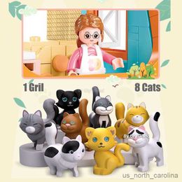 Blocks City Cat Hotel Sets Girl A-Frame Pet House Apartment Garden Villa Sakura Tree Building Blocks Animal Toy Kid Gift R230904