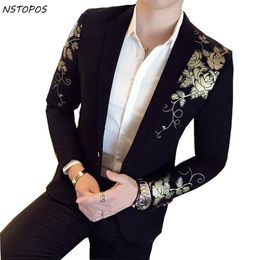 Men's Suits & Blazers Gold Black Blazer Flower Print Party Wedding Festival Stylish For Men Stage Costumes Singers Slim Fit3205