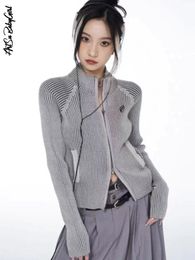 Womens Sweaters Double End Zipper Cardigans Knitted Sweater Embroidered Jumper Vintage Y2k Streetwear Gray Cardigan Spring Autumn Women Clothing 230904