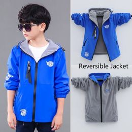 Jackets Waterproof Drawstring Hooded Boys Fleece Lined Reversible Hiking Zip School Kids Outfit Top Coat Child Outerwear 316Yrs 230904