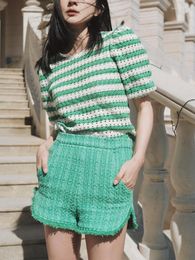 Women's T Shirts EOS2023 Summer Women Green White Striped Hollow-out Crew-neck Knitted Tops French Pairs Fahion