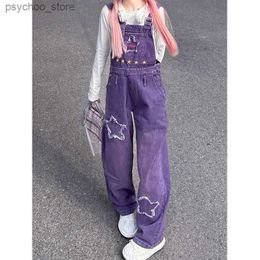 Women's Jeans Star Embroidery Patch Purple Denim Backpack Pants Spring and Autumn Street Retro Women Models High Waist Jumpsuit Baggy Jeans Q230904