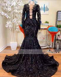 Elegant Black Mermaid Long Sleeve Prom Dresses High Neck Sequin Black Girls Evening Gowns 2023 For Party Dress
