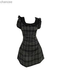 Basic Casual Dresses French Summer Women Plaid Dress Lace Peter Pan Collar Fashion Vintage Party Prom Puff Sleeve 2000s Aesthetic Sweet Streetwear LST230904