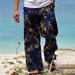 Men's Pants Summer Casual Trousers Daily Wear Full Length Tropical Graphic Mid Waist Pocket Drawstring Slack Streetwear Bottom