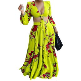 Plus size Dresses Summer Fashion African Women Long Sleeve V-neck Polyester Printing Yellow Orange Green Two Pieces Sets Top and Long Skirts 230901