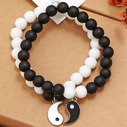 Charm Bracelets 2pcs/Set Tai Chi MagneticCouple Beaded For Women Men Distance Black White Natural Stone Paired Braclet Lovers Jewellery
