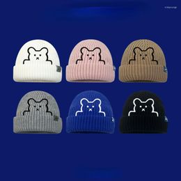 Berets Japanese Cute Bear Embroidered Wool Beanie Hat Women Autumn Winter Versatile Warm Blue Couple Knitted Pullover Cold