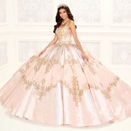 Pink Quinceanera Dresses V-Neck Spaghetti Strap Ball Gown Satin Sweet 16 Dresses Gold Applique Lace Bow Train Elegant Prom Dress