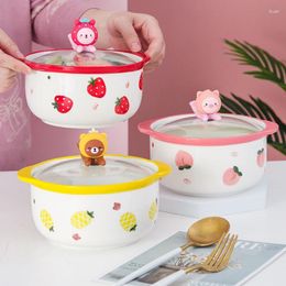 Bowls Dormitory Pig Instant Noodle Bowl Ceramic With Cover Cute Ins Easy To Clean Binaural Student Fruit Handle Bedroom Female