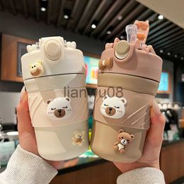 Cups Dishes Utensils 450ML Cute Bear Double Drink Thermos Coffee Mug With Straw Portable Stainless Steel Tumbler Insulated Cup Bottle For Kids Girls x0904