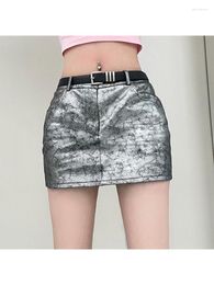 Skirts Grunge Women's Vintage Silvery Leather A-Line High Waist Harajuku Punk Mini Skirt Y2k Sexy Fashion Streetwear 2023 Summer