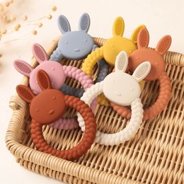 Rattles Mobiles 1pc Baby Silicone Teether Cartoon Rabbit Rodent Teething Ring Food Grade Diy Accessories Molar Toys Infant Rattle Toy 230901