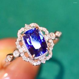 Cluster Rings LR2023 Blue Sapphire Ring 1.12ct Real Pure 18K Natural Unheat Royal Gemstone Diamonds Stone Female