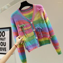 Women's Knits Colourful Striped V-neck Long-Sleeve Knitwear 2023 Autumn Korean Style Short Knit Cardigan Jacket Bow Stitching Sweater Coat