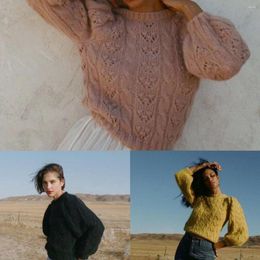 Women's Sweaters 2023 Fall/Winter Wool-blend Knit Pullover Vintage Quered Crochet Puff Sleeve Sweater