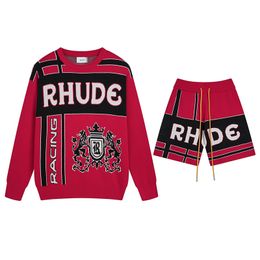 Rhude Shorts Contrast Colour Hoodys Autumn Mens Long Sleeve Sweatshirts Drawstring Short Kits Sprots Terry Hoodies Sets Man Tracksuit Casual Pullover Cn46