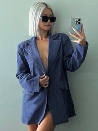 Women's Suits Fashion Women Denim Blue Blazers Streetwear 2023 Fall Straight Coat Office Lady Suit Single Button Long Jackets Outerwear