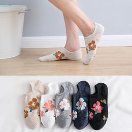 Women Socks Floral Print Summer No Show Silicone Non-slip Low Cut Ankle Boat Sock Fashion Invisible Antiskid Woman Slippers