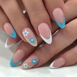 False Nails 24pcs Detachable Press On Diy Blue White Flowers Long Almond French Red Love Heart