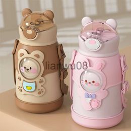 Cups Dishes Utensils 500ml Stainless Steel Thermal Water Bottle for Children Cute Cartoon Thermos Mug with Straw LeakProof Insulated Cup Drinkware x0904