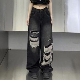 Women's Jeans American Style Old Patch Ripped Women High Street Design Sense Ins Retro Loose Straight Wide Leg Mopping Pants