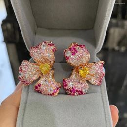 Stud Earrings Flower Earring Clip Style 925 Sterling Silver With Cubic Zircon Pink Colour Fine Women Jewellery Cute Romantic