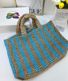 Handmade straw woven bag with stripes, hand held letter embroidery, hollowed out beach bag, European and American fashion Tote woven bag