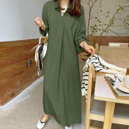 Casual Dresses Ladies Fall Spring Dress Loose Lapel Long Sleeve Solid V Neck Soft Breathable Oversized Straight Ankle Length Maxi