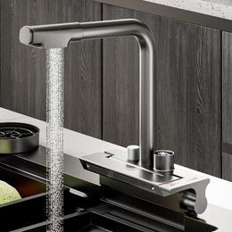 Kitchen Faucets Waterfall Faucet Pull-Out Brass Temperature Digital Display Big Cold Sink Water Tap Rotation Single Hole