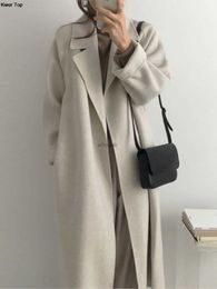 Women's Wool Blends Winter Elegant Long Woolen Coat for Women Vintage Notched Lapel Overcoat with Belt Female Fashion Cardigan 2023 New Clothes HKD230904