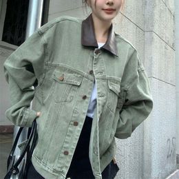 Women's Knits Hsa Women Denim Jacket 2023 Fall Green Outwear Cowboy Coat Fashion Long Sleeve Casual Jean Female Loose Coats Oversize