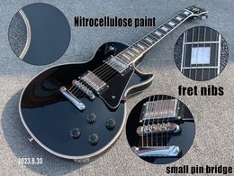 Electric guitar solid black color nitrocellulose paint high glossy chrome parts small pin bridge bone nut black pickguard Ebony+ fret nibs