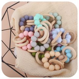 Teethers Toys 1Pcs Beech Teether Silicone Beads Wood Rings Wooden Bracelets for Baby Chew Teething Nursing Accessories 230901